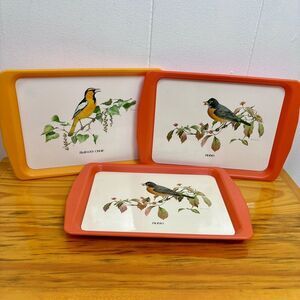 Vintage 70s Small Tray Set 3 Robin Birds Kitschy Orange Yellow Plastic Stackable